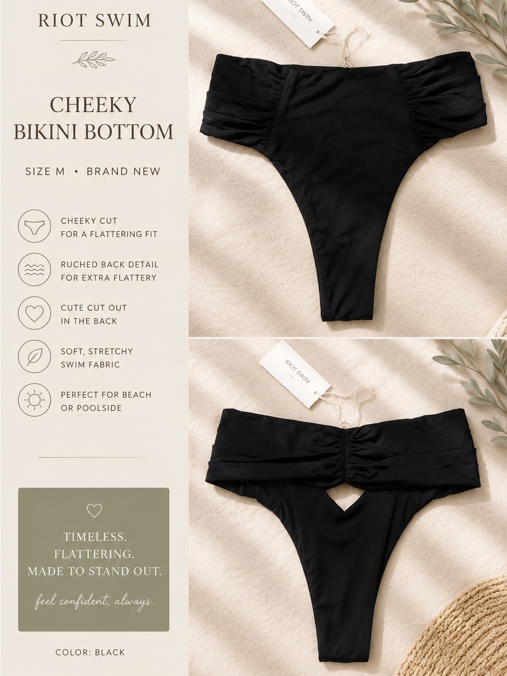 Riot Swim Black Cheeky Bikini Bottom